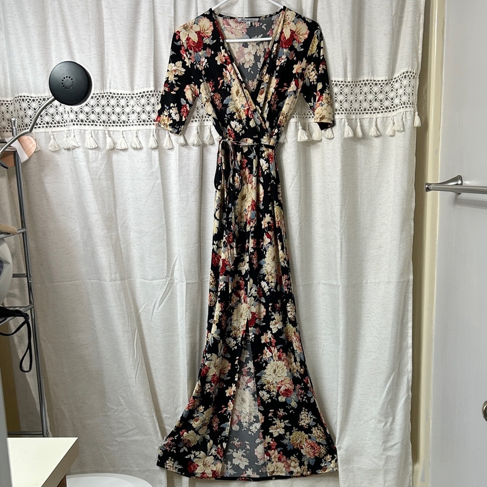 Black Floral Wrap Maxi Dress with Red & Cream Blooms - Picture 1 of 8